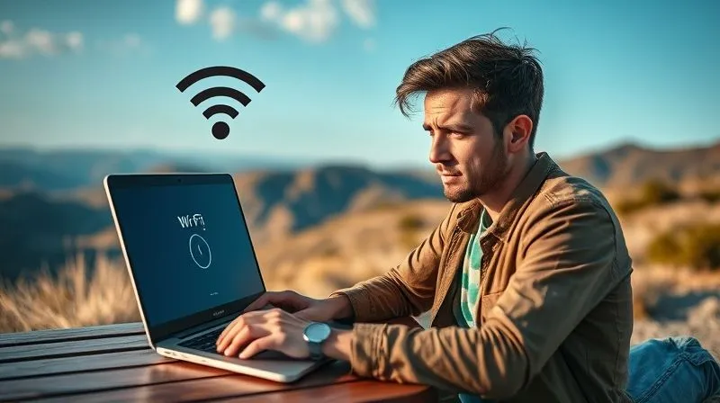 A photorealistic image depicting a digital nomad looking stressed while trying to connect to a weak Wi-Fi signal on a laptop, with a beautiful but remote landscape in the background, symbolizing the challenge of connectivity. Cinematic lighting, sharp focus on the frustrated individual and the laptop screen showing a loading icon, depth of field blurring the distant scenery, 8K hyper-detailed, professional photography, high-end DSLR.