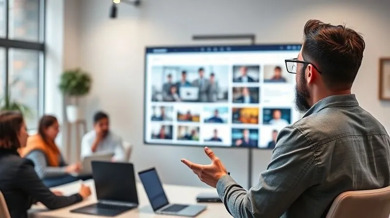 A photorealistic image of a digital nomad presenting a polished online portfolio on a large screen to a diverse group of virtual colleagues, demonstrating confidence and expertise. The background is a modern, minimalist workspace with a touch of a local cultural element. Cinematic lighting, sharp focus on the portfolio content and the presenter, depth of field blurring the virtual audience, 8K hyper-detailed, professional photography, high-end DSLR.