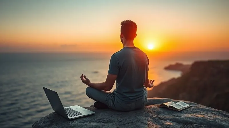 A photorealistic image of a digital nomad Meditating peacefully on a cliff overlooking a breathtaking sunset over the ocean, with a laptop and open book subtly placed beside them, symbolizing the balance between work/study and personal well-being. Cinematic lighting, sharp focus on the serene individual, depth of field blurring the vast natural landscape, 8K hyper-detailed, professional photography, high-end DSLR.