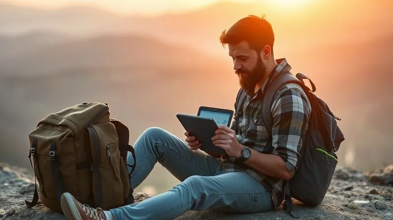 A photorealistic image of a digital nomad, with a backpack and a tablet, sitting comfortably in a remote, scenic location (like a mountain top or a quiet beach), intently downloading educational content onto the tablet. The scene is bathed in warm, cinematic lighting, with sharp focus on the tablet screen and the nomad's focused expression, depth of field blurring the breathtaking background. 8K hyper-detailed, professional photography, shot on a high-end DSLR, no text or logos.