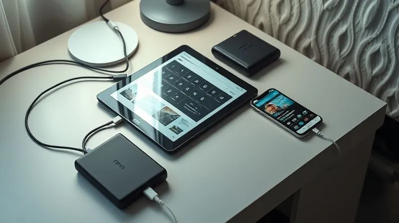 A photorealistic, professional photography, 8K, cinematic lighting, sharp focus, depth of field, shot on a high-end DSLR of a neatly organized digital nomad workspace. A tablet and a smartphone are charging, connected to a high-capacity power bank. The tablet screen shows a learning app with downloaded content. Cables are managed, and the background subtly suggests a cozy, yet functional, temporary setup (e.g., a small desk in a hostel or Airbnb). No text or logos, clean and efficient.
