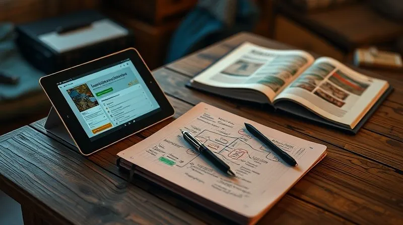A photorealistic, professional photography, 8K, cinematic lighting, sharp focus, depth of field, shot on a high-end DSLR of a nomad's study setup on a rustic wooden table. A tablet displaying a learning app is next to an open physical notebook with handwritten notes and a colorful mind map. A pen rests on the notebook, and a travel guide or a physical book is also present. The background is a blurred, cozy interior of a cabin or a tent, suggesting a blend of digital and analog learning tools in a nomadic setting. No text or logos.