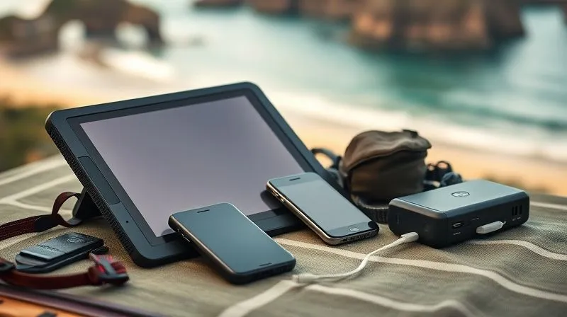 A photorealistic, professional photography, 8K, cinematic lighting, sharp focus, depth of field, shot on a high-end DSLR of a digital nomad's organized tech toolkit. A rugged tablet, a smartphone, a portable Wi-Fi device (pocket modem), and a power bank are neatly arranged on a travel-friendly surface. The background is a soft blur of an inspiring travel destination. The image emphasizes readiness and efficiency for learning on the go. No text or logos.
