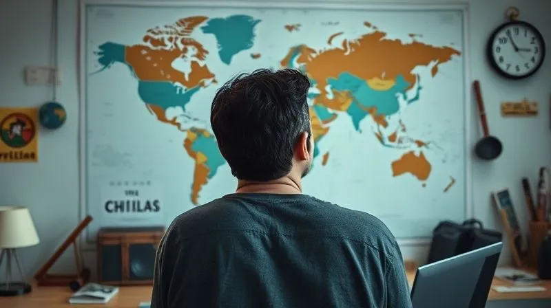 photorealistic, professional photography, 8K, cinematic lighting, sharp focus, depth of field, shot on a high-end DSLR, a person looking thoughtfully at a world map on a wall, surrounded by travel souvenirs and a laptop, conveying a sense of contemplating complex schedules and global connections, soft, ambient light.