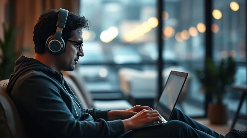 photorealistic, professional photography, 8K, cinematic lighting, sharp focus, depth of field, shot on a high-end DSLR, a digital nomad focused on a laptop screen, wearing noise-cancelling headphones, sitting comfortably in a cozy corner of a modern co-working space, with blurred city lights visible through a window in the background, conveying deep concentration and productivity.