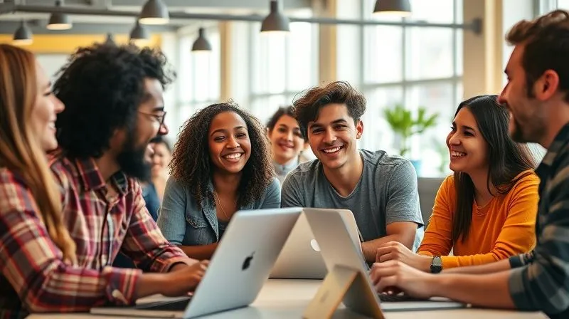 photorealistic, professional photography, 8K, cinematic lighting, sharp focus, depth of field, shot on a high-end DSLR, a diverse group of young digital nomads smiling and interacting in a vibrant co-working space, some with laptops, others sharing ideas, a sense of camaraderie and shared purpose, bright and inviting atmosphere.