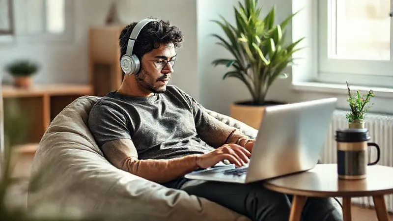 A photorealistic image of a digital nomad sitting comfortably on a bean bag chair in a minimalist, sunlit temporary apartment, laptop open, headphones on, focused intently on a study task. A small plant and a travel mug are on a side table. Soft, natural light, professional photography, 8K, sharp focus on the relaxed yet determined expression, depth of field blurring the background slightly, conveying a sense of calm and flexible productivity.