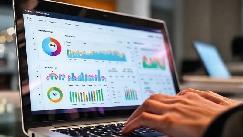 A photorealistic close-up of a digital dashboard on a laptop screen, displaying colorful, easy-to-read graphs and charts tracking study hours, module completion, and skill acquisition. The screen is subtly reflected in a pair of glasses worn by a person whose hands are typing on the keyboard. Cinematic lighting, sharp focus on the data visualization, 8K, professional photography, depth of field blurring the background, conveying progress and measurable success.