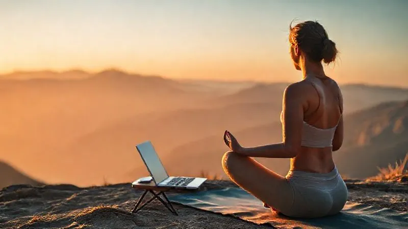 A photorealistic wide shot of a digital nomad practicing yoga on a mat at sunrise, overlooking a serene mountain landscape. Their laptop and study notes are neatly placed on a small, portable table nearby, suggesting a harmonious blend of well-being and intellectual pursuit. Soft, golden cinematic lighting, professional photography, 8K, sharp focus on the person and the breathtaking scenery, conveying balance and a sustainable nomadic lifestyle.
