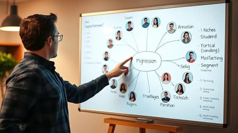 A photorealistic image of a tutor pointing to a whiteboard filled with a detailed mind map, illustrating a niche market segmentation with diverse global student avatars, cinematic lighting, sharp focus on the whiteboard, depth of field blurring the background, 8K hyper-detailed, professional photography, shot on a high-end DSLR.