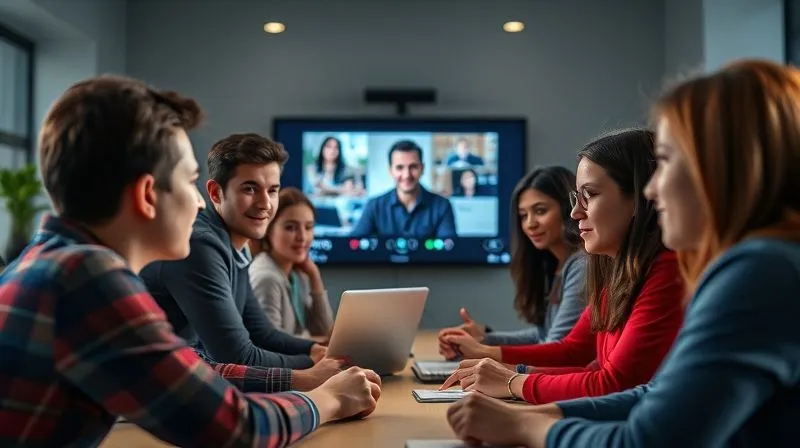 A photorealistic image of a diverse group of students from different cultures engaged in an online webinar, with a tutor on screen, cinematic lighting, sharp focus on the students' faces, depth of field blurring the background, 8K hyper-detailed, professional photography, shot on a high-end DSLR.