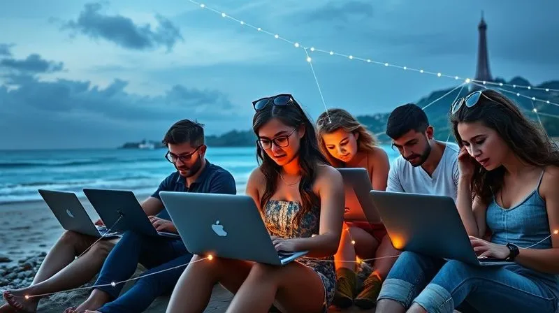 A photorealistic image of a diverse group of digital nomads, each in a different iconic global location (e.g., beach in Thailand, cafe in Paris, mountain in Patagonia), all looking at their laptops or devices, subtly connected by glowing lines of light, symbolizing remote connection. The overall mood is harmonious and productive. Professional photography, 8K, cinematic lighting, sharp focus, depth of field, shot on a high-end DSLR.