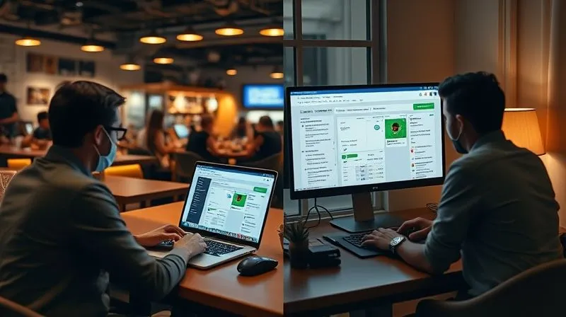 A photorealistic image of a split screen showing two digital nomads. On one side, a person works on a laptop in a bustling cafe during the day. On the other side, another person works on a laptop in a quiet apartment at night. Both screens show the same project management software with collaborative elements, symbolizing effective asynchronous communication across time zones. Cinematic lighting, sharp focus, 8K, professional photography, depth of field, shot on a high-end DSLR.