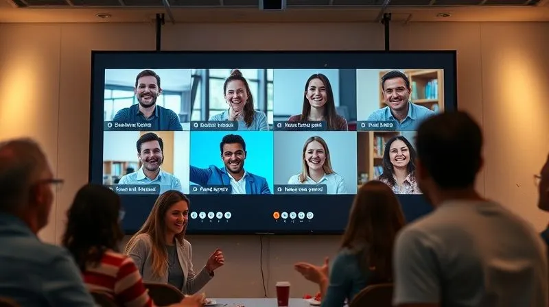 A photorealistic image depicting a virtual team building event. Diverse individuals from different locations are visible in video call frames on a large screen, laughing and interacting as if playing a virtual game or quiz. Confetti and playful elements are subtly integrated into the virtual setting. Professional photography, 8K, cinematic lighting, sharp focus, depth of field, shot on a high-end DSLR.
