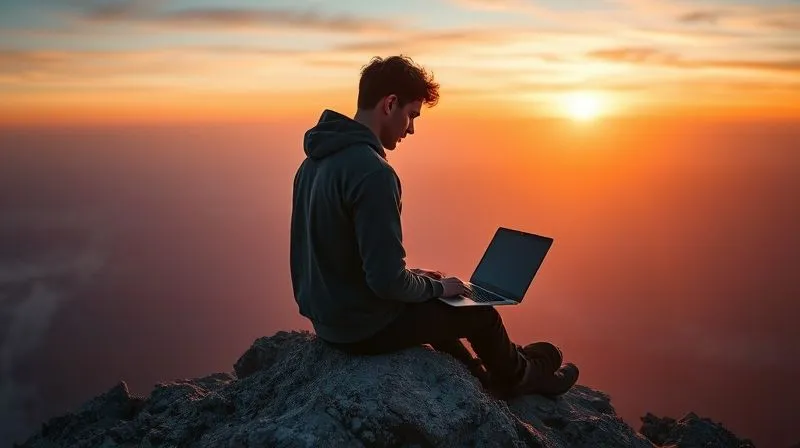 Photorealistic image of a lone digital nomad working on a laptop on a mountain peak at sunset, looking out over a vast, empty landscape. The nomad appears contemplative but determined, with a sense of isolation subtly conveyed, yet an underlying strength. Cinematic lighting, sharp focus, depth of field. 8K hyper-detailed.
