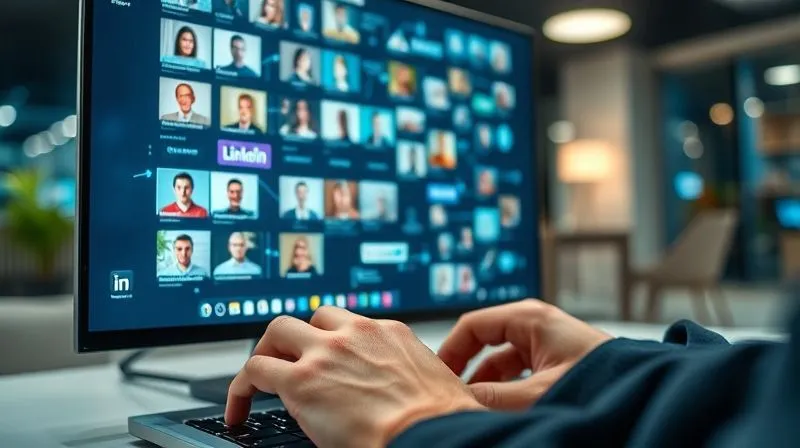 Photorealistic, professional photography, 8K, cinematic lighting, sharp focus on a screen displaying a collage of diverse professional profiles on LinkedIn and other networking platforms, with subtle glowing lines connecting them. A digital nomad's hands are gently typing on a keyboard in the foreground, with a depth of field blurring the background of a modern co-working space.