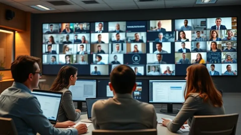 Photorealistic, professional photography, 8K, cinematic lighting, sharp focus on a diverse group of professionals collaborating virtually on a complex project. Multiple screens show video calls, shared documents, and project management tools, all seamlessly integrated. The atmosphere is dynamic, productive, and globally connected. Depth of field with a subtle bokeh effect.