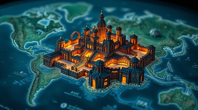A photorealistic intricate mental map, like a blueprint of an imaginary castle, with glowing pathways and chambers, superimposed over a blurred background of a diverse world map, cinematic lighting, sharp focus on the map, 8K hyper-detailed, professional photography, shot on a high-end DSLR.