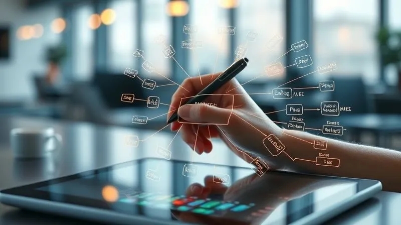 A photorealistic hand drawing a complex mind map with glowing lines and interconnected ideas, on a digital tablet, with a blurred background of a modern coworking space. Cinematic lighting, sharp focus on the tablet and hand, 8K hyper-detailed, professional photography, shot on a high-end DSLR.