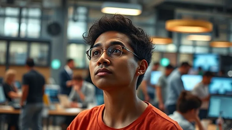 A photorealistic image of a digital nomad subtly observing the dynamic activity in a bustling coworking space, a thoughtful expression on their face, surrounded by people collaborating and working. Cinematic lighting, sharp focus on the observer, depth of field blurring the background action, 8K hyper-detailed, professional photography, shot on a high-end DSLR.