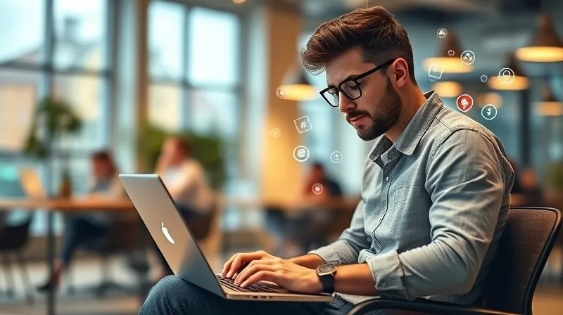 A photorealistic image of a digital nomad sitting at a laptop in a modern coworking space, with various social media and networking app icons floating around the screen, representing digital connections. The background shows blurred but active coworking life. Cinematic lighting, sharp focus on the screen and nomad, depth of field. 8K hyper-detailed, professional photography, shot on a high-end DSLR.