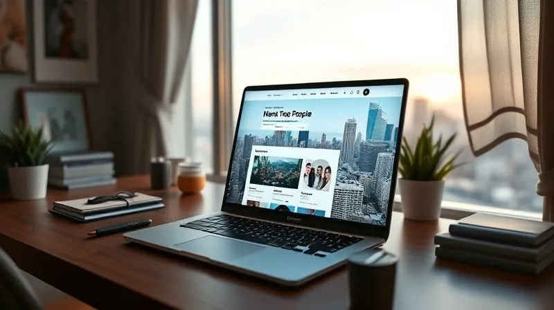 A photorealistic image of a professional digital nomad's workspace, showing a well-designed laptop screen with a personal branding website, a neatly organized desk, and a window revealing a vibrant city skyline or a tranquil natural landscape. The overall impression is one of professionalism, expertise, and a global reach. Cinematic lighting, sharp focus on the screen, depth of field, 8K hyper-detailed, shot on a high-end DSLR.
