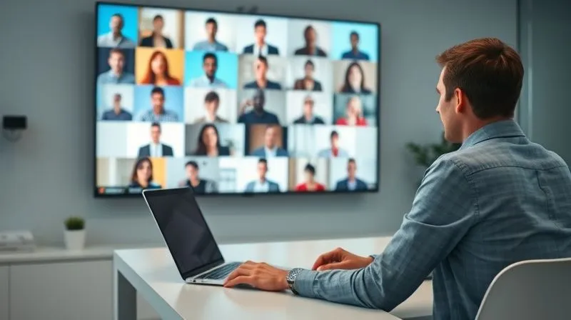 A photorealistic image depicting a virtual team collaboration, with diverse individuals from different global locations visible on a large screen in a video conference. One person, a digital nomad, is at a modern, clean desk with a laptop, actively participating. The atmosphere is professional and productive, with subtle hints of different time zones or backgrounds. Cinematic lighting, sharp focus on the nomad and the screen, depth of field, 8K hyper-detailed, shot on a high-end DSLR.