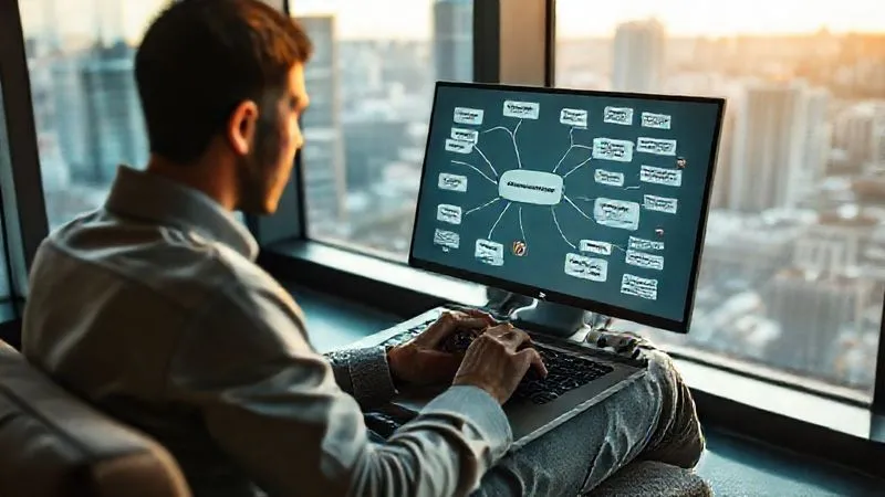 A photorealistic image of a professional nomadic consultant, male or female, sitting comfortably in a modern co-working space with a large window overlooking a vibrant city, typing on a laptop. The screen shows a mind map or strategy board with interconnected ideas like "Client Pain Points," "Unique Value Proposition," and "Ideal Client Profile." Soft, natural light fills the room, emphasizing focus and clarity. 8K, cinematic lighting, sharp focus on the consultant and screen, depth of field blurring the background, professional photography, shot on a high-end DSLR.