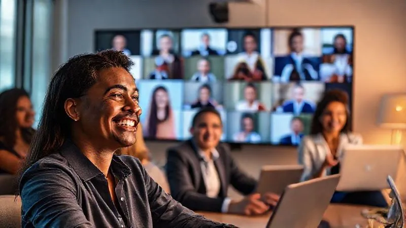 A photorealistic image of a diverse group of professionals (some with laptops, some gesturing) engaged in a lively online video conference call, displayed on a large screen or multiple screens. The atmosphere is collaborative and energetic, with speech bubbles or thought bubbles subtly indicating shared ideas and problem-solving. One person in the foreground, a nomadic consultant, is smiling and actively participating. Cinematic lighting, sharp focus on the faces and screens, depth of field blurring the background, 8K, professional photography, shot on a high-end DSLR.