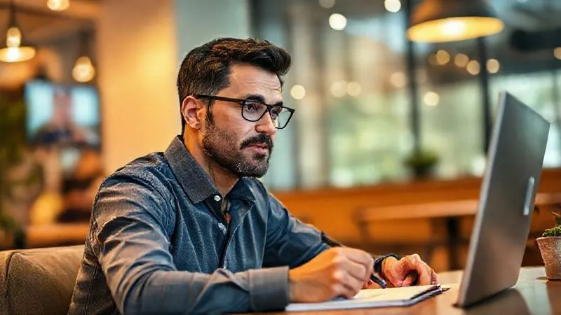 A photorealistic image of a nomadic consultant, mid-discussion on a video call, actively listening with a thoughtful expression. The screen shows a blurred image of another person. The consultant is in a comfortable yet professional setting, possibly a modern cafe or a well-lit home office. A notepad and pen are visible on the desk, indicating active note-taking. Cinematic lighting, sharp focus on the consultant's face and the notepad, depth of field blurring the background, 8K, professional photography, shot on a high-end DSLR.