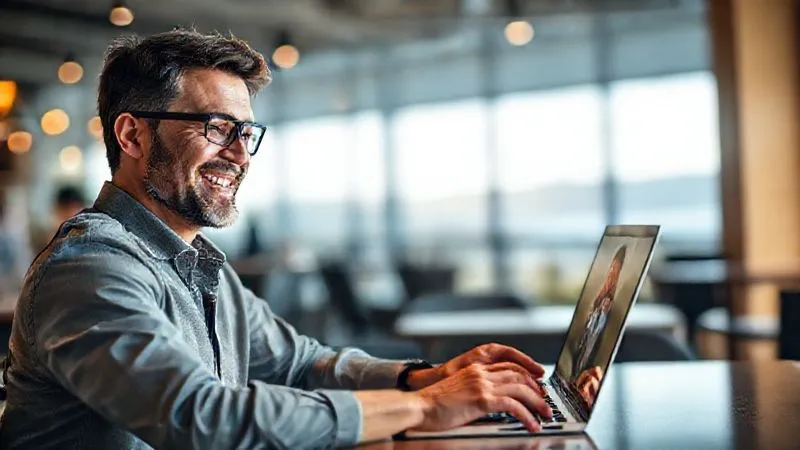 A photorealistic image of a professional nomadic consultant, smiling confidently, engaged in a virtual meeting with a visibly satisfied client on a laptop screen. The client is giving a thumbs-up or nodding in agreement. The consultant is in a bright, modern setting, perhaps a cafe with a scenic view. A subtle glow around the client's image on the screen suggests success and positive feedback. Cinematic lighting, sharp focus on the consultant's face and the laptop, depth of field blurring the background, 8K, professional photography, shot on a high-end DSLR.