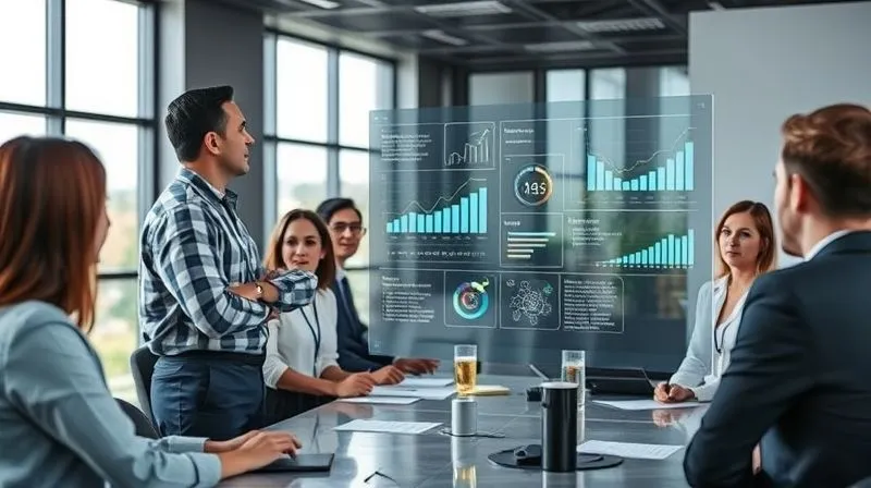 A photorealistic image of a nomadic consultant confidently presenting a complex business strategy on a holographic display in a modern, minimalist co-working space, with a diverse group of attentive professionals around. The display shows charts and key metrics. Cinematic lighting, sharp focus on the consultant and display, depth of field blurring the background, 8K hyper-detailed, professional photography, shot on a high-end DSLR.