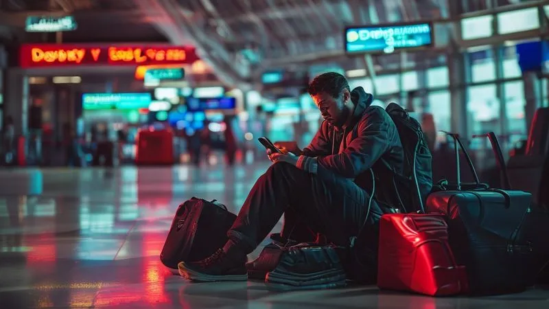 A photorealistic image of a digital nomad sitting in a chaotic airport, looking stressed while checking their phone, surrounded by luggage and a 'delayed flight' sign. The scene is lit by harsh overhead lights, emphasizing the feeling of being overwhelmed and facing unexpected costs. Sharp focus on the nomad's face, depth of field blurring the background, 8K, professional photography, shot on a high-end DSLR.