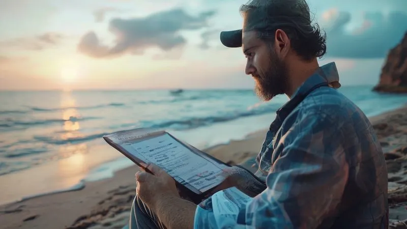 A photorealistic image of a digital nomad thoughtfully reviewing various insurance policy documents on a tablet, with a serene beach backdrop, symbolizing peace of mind through preparation. The documents display complex terms and conditions, highlighting the importance of careful selection. Cinematic lighting, sharp focus on the tablet and nomad, depth of field blurring the beach, 8K, professional photography, shot on a high-end DSLR.