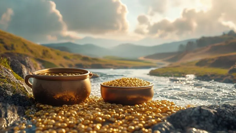 A photorealistic image depicting multiple intertwining financial streams flowing into a single, sturdy pot of gold, symbolizing diversified income sources contributing to financial stability. The background is a serene landscape, suggesting peace and abundance. Cinematic lighting, sharp focus on the streams and pot, depth of field blurring the background, 8K, professional photography, shot on a high-end DSLR.