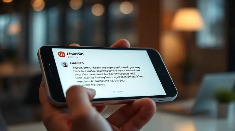 A photorealistic close-up of a smartphone screen displaying a thoughtful, personalized LinkedIn message, with a professional person's hands gently holding the phone. The background is a soft-focus modern office, cinematic lighting, 8K, shot on a high-end DSLR. The message text is legible and inviting.