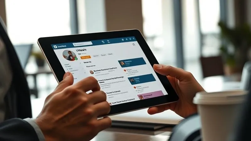 A photorealistic image of a professional engaging with a tablet, displaying a LinkedIn feed with various posts and comments, suggesting active engagement and content sharing. The setting is a modern, sunlit office, with a cup of coffee nearby, cinematic lighting, 8K, shot on a high-end DSLR.