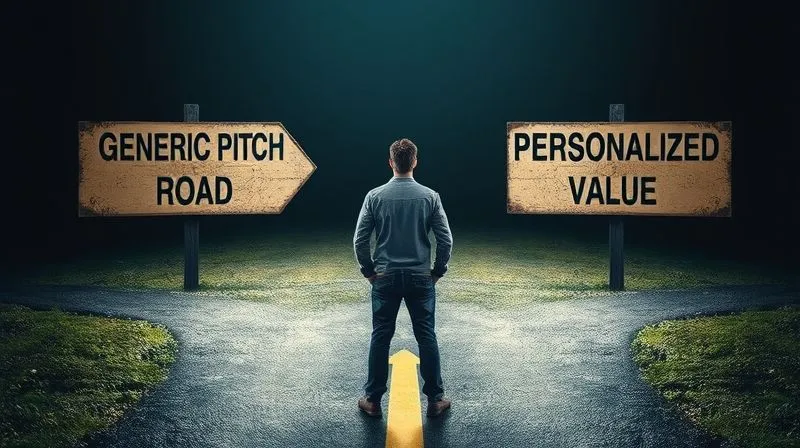 A photorealistic image of a person standing at a crossroads, looking confused, with signs pointing to "Generic Pitch Road" and "Personalized Value Path". The lighting is dramatic, highlighting the decision, 8K, sharp focus, shot on a high-end DSLR.
