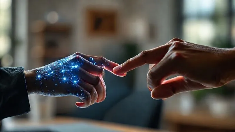 A photorealistic image of two diverse hands, one digital (represented by glowing network lines) and one human, gently touching fingertips, symbolizing authentic connection and bridging the digital divide. The background is a soft, blurred remote workspace with natural light, professional photography, 8K, cinematic lighting, sharp focus on the hands, depth of field blurring the background, shot on a high-end DSLR.