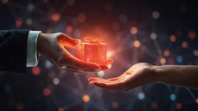 A photorealistic image of a person's hand extending a glowing, abstract digital gift box to another hand, symbolizing offering value in online networking. The background is a vibrant, interconnected network of nodes, with cinematic lighting, sharp focus on the hands, depth of field blurring the background, 8K hyper-detailed, shot on a high-end DSLR.