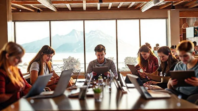 A photorealistic image of a diverse group of young adults, each engrossed in their laptops or tablets in various scenic locations (e.g., a beach cafe, a mountain cabin, a bustling co-working space), all connected by subtle digital lines, symbolizing the global nature of digital nomads and online learning. Cinematic lighting, sharp focus on individuals, depth of field, 8K hyper-detailed, shot on a high-end DSLR, professional photography.