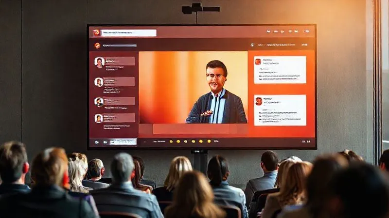 A photorealistic image of a vibrant online webinar interface on a large monitor, with the speaker (a charismatic expert) visible, surrounded by interactive elements like a live chat, polls, and Q&A boxes. The audience is represented by small, diverse profile pictures engaged and asking questions. Cinematic lighting, sharp focus on the screen, depth of field, 8K hyper-detailed, shot on a high-end DSLR, professional photography.