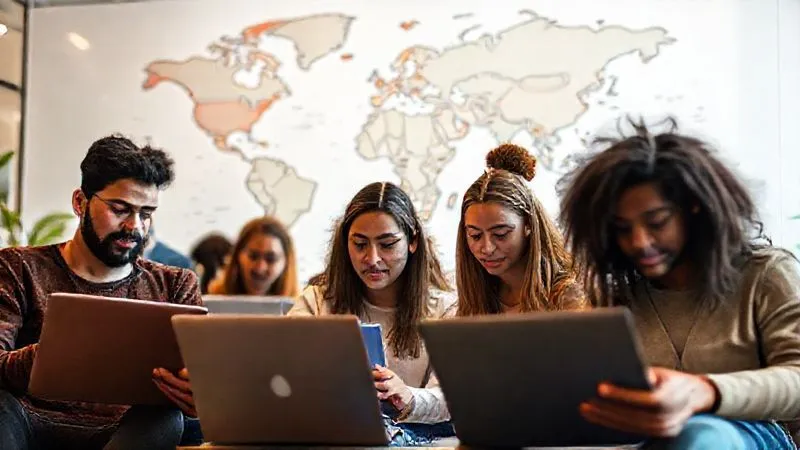 A photorealistic image of a diverse group of digital nomads, each engrossed in their laptops or notebooks, in a vibrant, co-working space with a global map subtly in the background, showcasing their diverse origins and destinations. Cinematic lighting, sharp focus on their faces showing contemplation and focus, depth of field blurring the background slightly. 8K hyper-detailed, shot on a high-end DSLR.