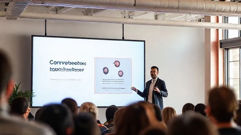 A photorealistic, professional photography image of a digital nomad presenting a webinar on a large screen in a modern, well-lit co-working space. The screen shows a clear, actionable infographic about converting followers. Cinematic lighting, sharp focus on the presenter's confident expression and the screen content, depth of field blurring the audience slightly. 8K hyper-detailed, shot on a high-end DSLR.