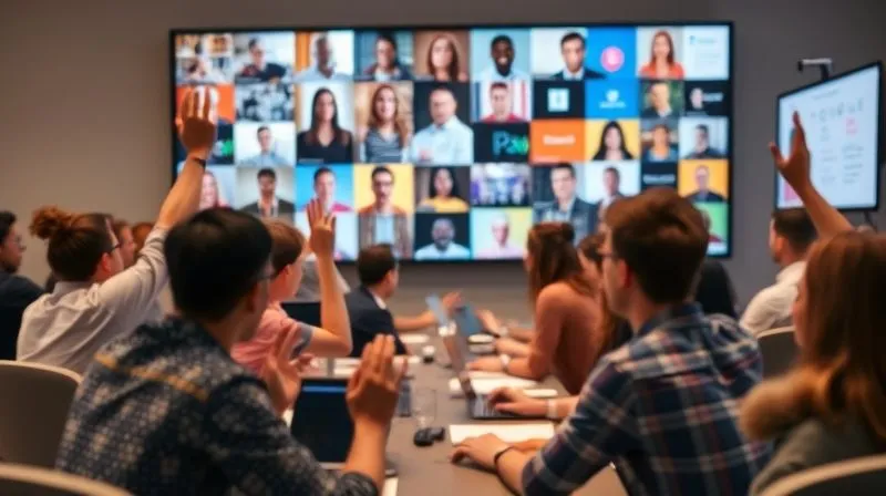 A photorealistic image of a diverse group of people actively participating in a virtual workshop, their faces visible in a grid on a large screen. Some are raising hands, others are typing, and one person is presenting a whiteboard full of ideas. The atmosphere is energetic and collaborative, with vibrant digital graphics. Cinematic lighting, sharp focus on the participants and their screens, depth of field blurring the background. Shot on a high-end DSLR, 8K hyper-detailed.
