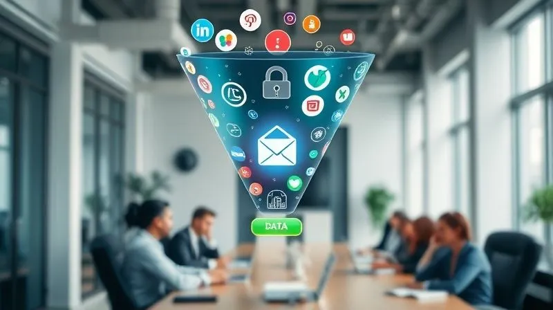 A photorealistic image of a digital marketing funnel, starting wide at the top with diverse social media icons and content pieces, narrowing down to an email icon, and finally leading to a secure payment button and a group of happy, learning individuals. The funnel is glowing with data flow. Cinematic lighting, sharp focus on the funnel and its stages, depth of field blurring a generic office background. Shot on a high-end DSLR, 8K hyper-detailed.