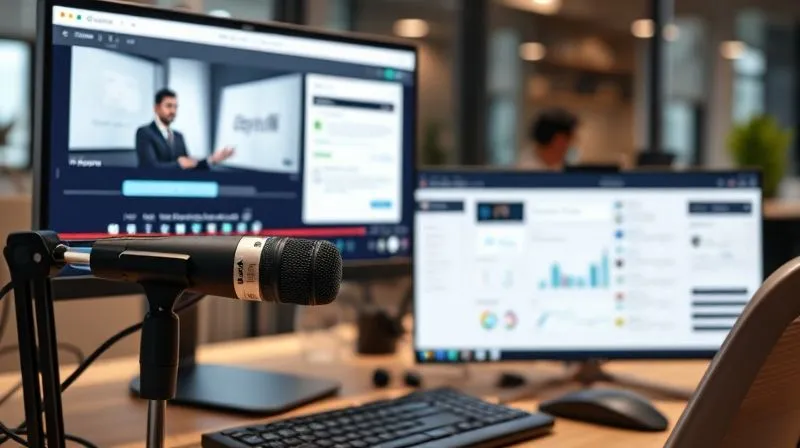 A photorealistic, sleek desktop setup with multiple screens displaying a virtual workshop in progress, a payment gateway interface, and an email marketing dashboard. High-quality microphone and webcam are visible. The overall impression is one of efficiency and professional digital operation. Cinematic lighting, sharp focus on the technology, depth of field blurring a modern office background. Shot on a high-end DSLR, 8K hyper-detailed.