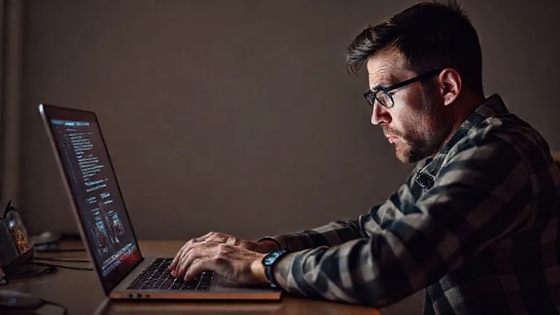 A photorealistic image of a digital nomad looking frustrated at a laptop screen, with broken lines connecting to potential courses, symbolizing a disconnect. The screen displays fragmented text and generic images. Cinematic lighting, 8K, sharp focus.