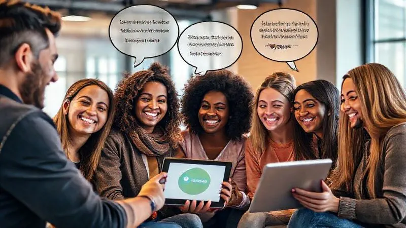 A photorealistic image of a group of diverse digital nomads smiling and interacting in a coworking space, with positive testimonials subtly overlaid in thought bubbles. They are looking at a tablet displaying a course logo. The atmosphere is vibrant and collaborative. 8K, cinematic lighting.