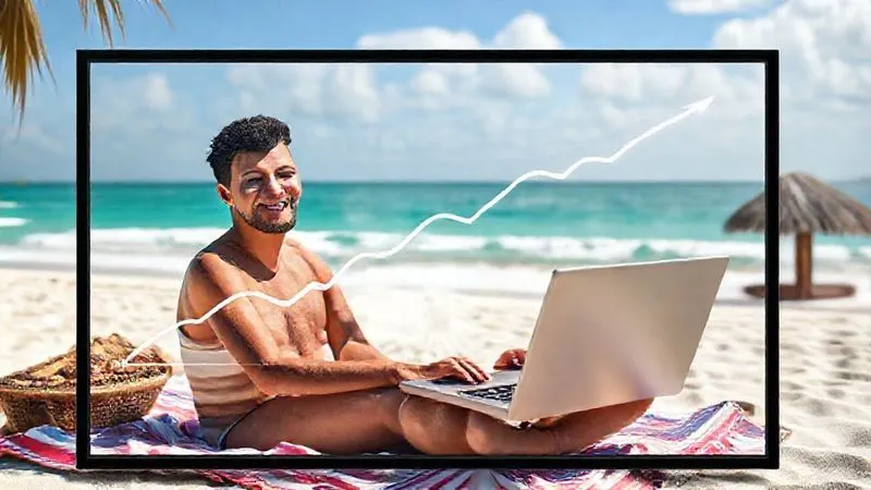 A photorealistic image of a line graph showing a sharp upward trend in conversions, with a digital nomad happily working on a beach in the background, laptop open and a satisfied smile. The graph is overlaid on a screen within the image. Cinematic lighting, 8K, sharp focus.